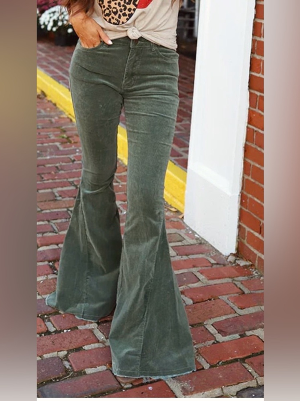 Bell bottom corduroy pants. Raw hem. Flare. Bohemian. Olive green. M. NWT - Picture 2 of 14